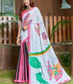 White soft pure cotton bagru printed saree with printed blouse piece