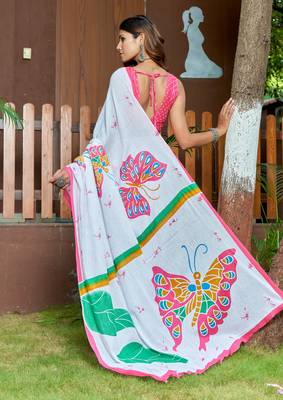 White soft pure cotton bagru printed saree with printed blouse piece 2