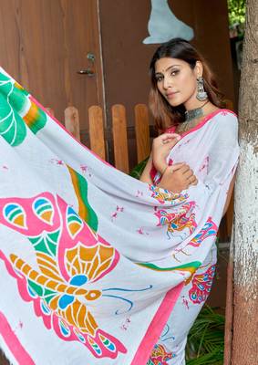 White soft pure cotton bagru printed saree with printed blouse piece 3