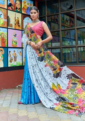 White cotton bagru printed saree with printed blouse piece 1
