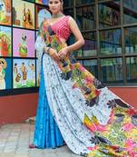 White cotton bagru printed saree with printed blouse piece