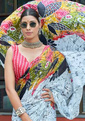 White cotton bagru printed saree with printed blouse piece 3