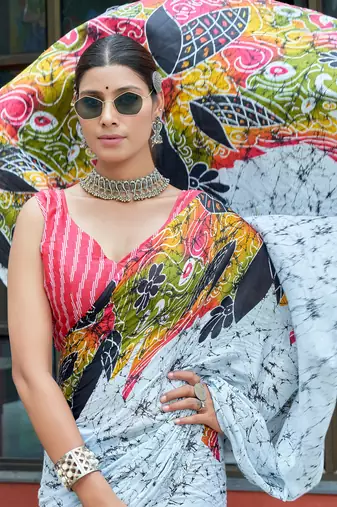 White cotton bagru printed saree with printed blouse piece