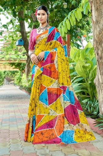 Mustard cotton bagru printed saree with printed blouse piece