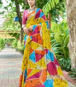 Mustard cotton bagru printed saree with printed blouse piece