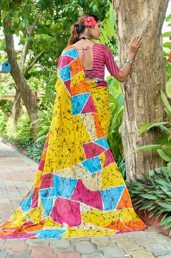 Mustard cotton bagru printed saree with printed blouse piece