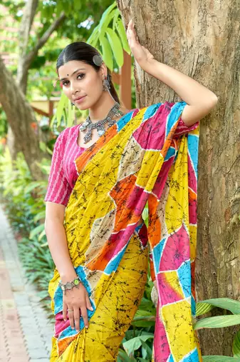Mustard cotton bagru printed saree with printed blouse piece