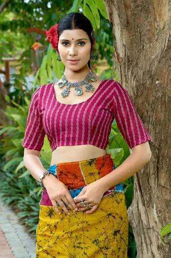 Mustard cotton bagru printed saree with printed blouse piece