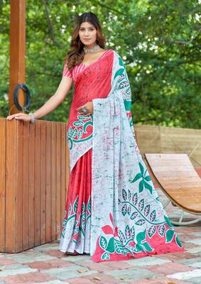 Red cotton bagru printed saree with printed blouse piece 1
