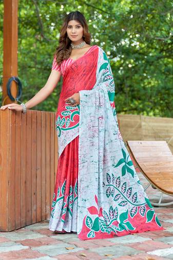 Red cotton bagru printed saree with printed blouse piece
