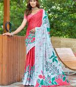 Red cotton bagru printed saree with printed blouse piece