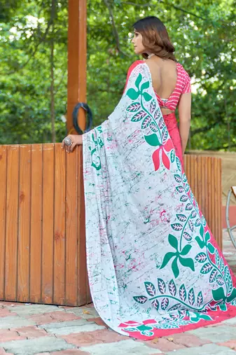Red cotton bagru printed saree with printed blouse piece