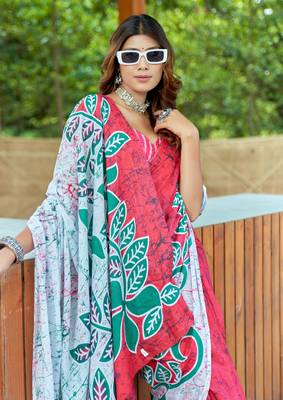 Red cotton bagru printed saree with printed blouse piece 3
