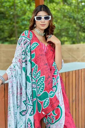 Red cotton bagru printed saree with printed blouse piece