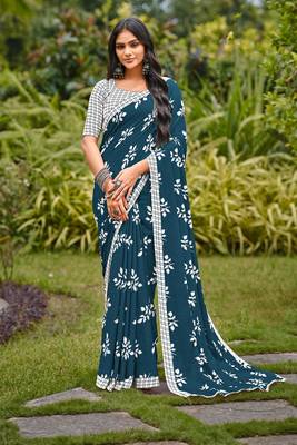 Blue cotton floral print saree with printed blouse piece 1