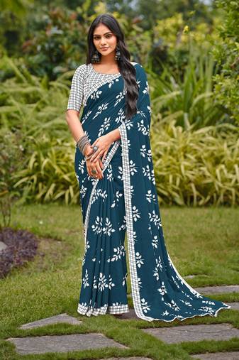 Blue cotton floral print saree with printed blouse piece