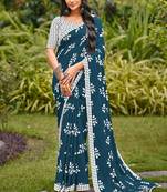 Blue cotton floral print saree with printed blouse piece