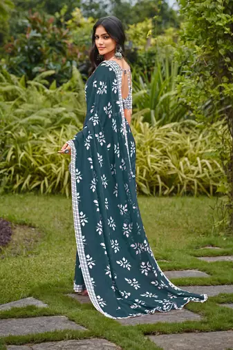 Blue cotton floral print saree with printed blouse piece