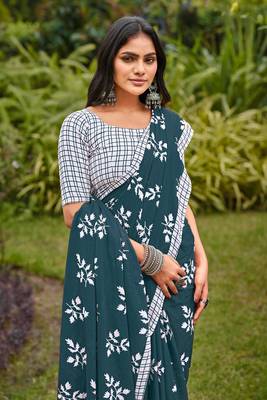 Blue cotton floral print saree with printed blouse piece 4