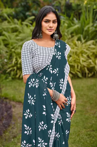 Blue cotton floral print saree with printed blouse piece