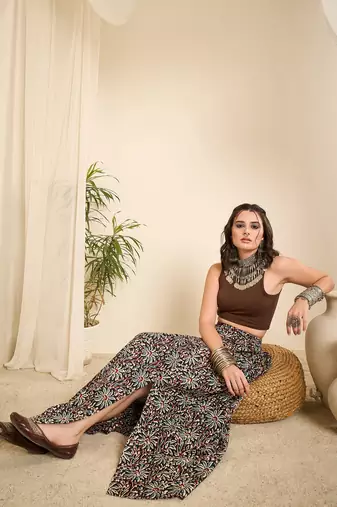 Winered floral ajrakh printed cotton a-line skirt