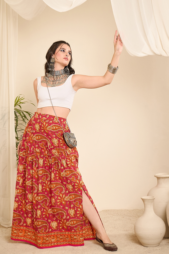 Winered paisley printed cotton a-line skirt