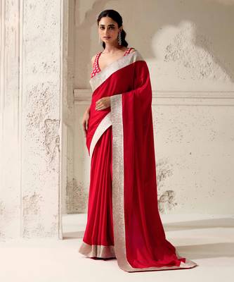 Red silk plain saree with gota Edging 1