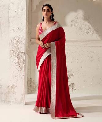 Red silk plain saree with gota Edging 3