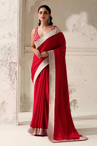 Red silk plain saree with gota Edging