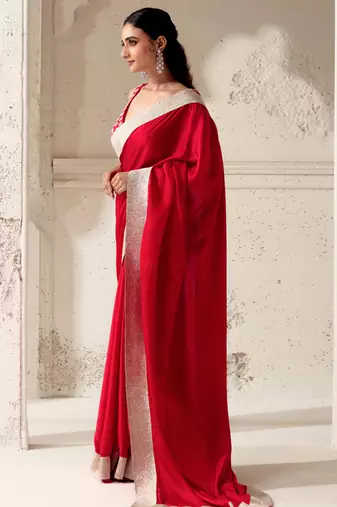 Red silk plain saree with gota Edging