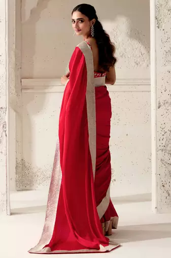 Red silk plain saree with gota Edging