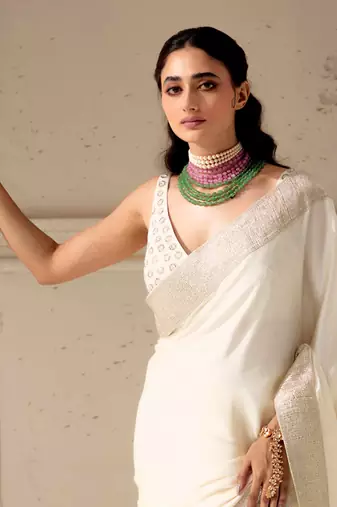 Ivory silk plain saree with gota Edging