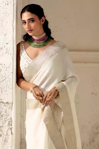 Ivory silk plain saree with gota Edging