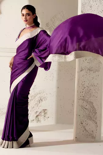 Purple silk plain saree with gota Edging