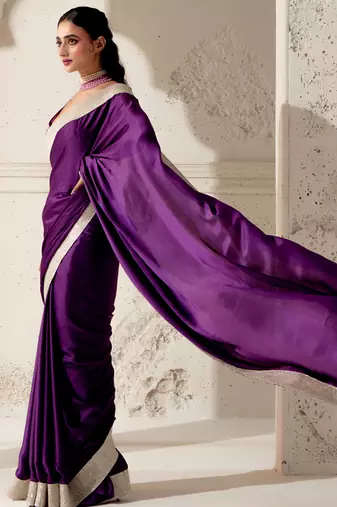 Purple silk plain saree with gota Edging