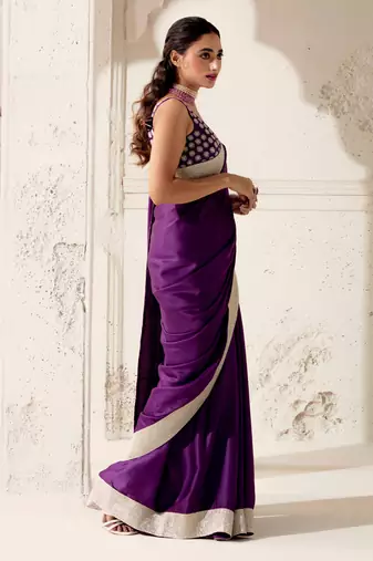 Purple silk plain saree with gota Edging