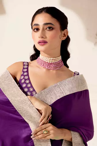 Purple silk plain saree with gota Edging