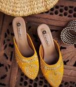 women's mustard embellished slip on block heel