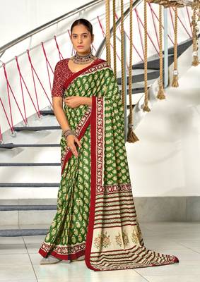 ready made green cotton saree with block print blouse 1