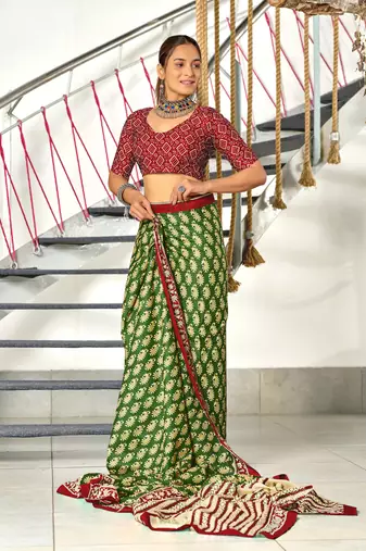 ready made green cotton saree with block print blouse