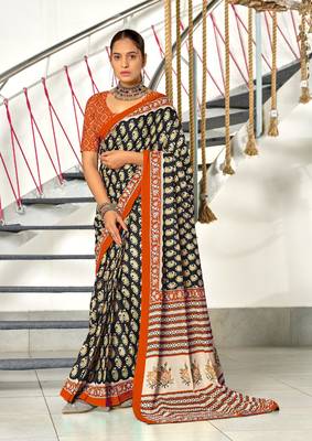 pre-stitched black cotton saree with block print blouse 1