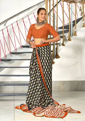 pre-stitched black cotton saree with block print blouse 3