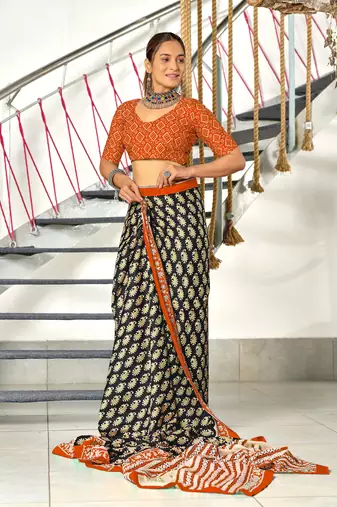 pre-stitched black cotton saree with block print blouse
