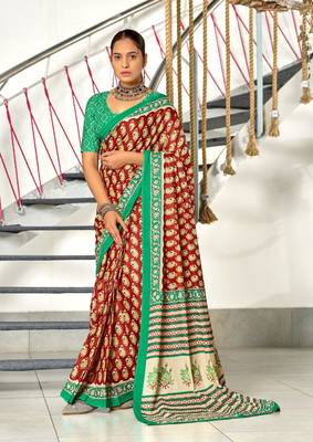 ready to wear red cotton saree with block print blouse 1