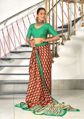 ready to wear red cotton saree with block print blouse 3
