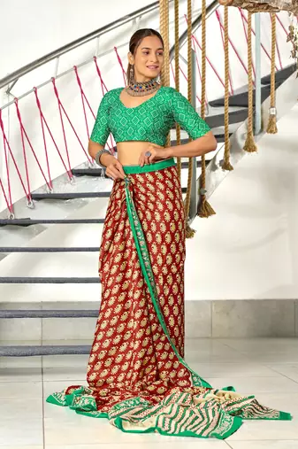 ready to wear red cotton saree with block print blouse