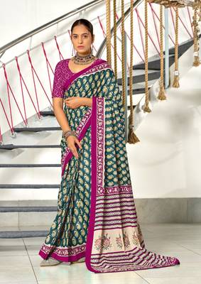 pre draped blue cotton saree with block print blouse 1