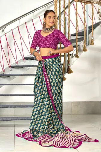 pre draped blue cotton saree with block print blouse