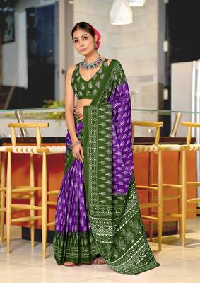 ready made purple cotton saree with block print blouse 1