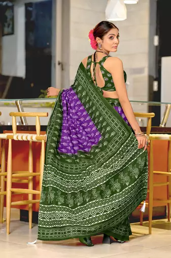 ready made purple cotton saree with block print blouse